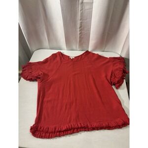 Umgee Womens Size Large Red Linen Blend Ruffle Fringe Sleeve Tunic Top